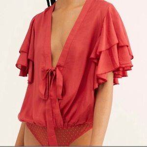 NWT Free People Intimately Call Me Later Bodysuit Shirt Red Size Small